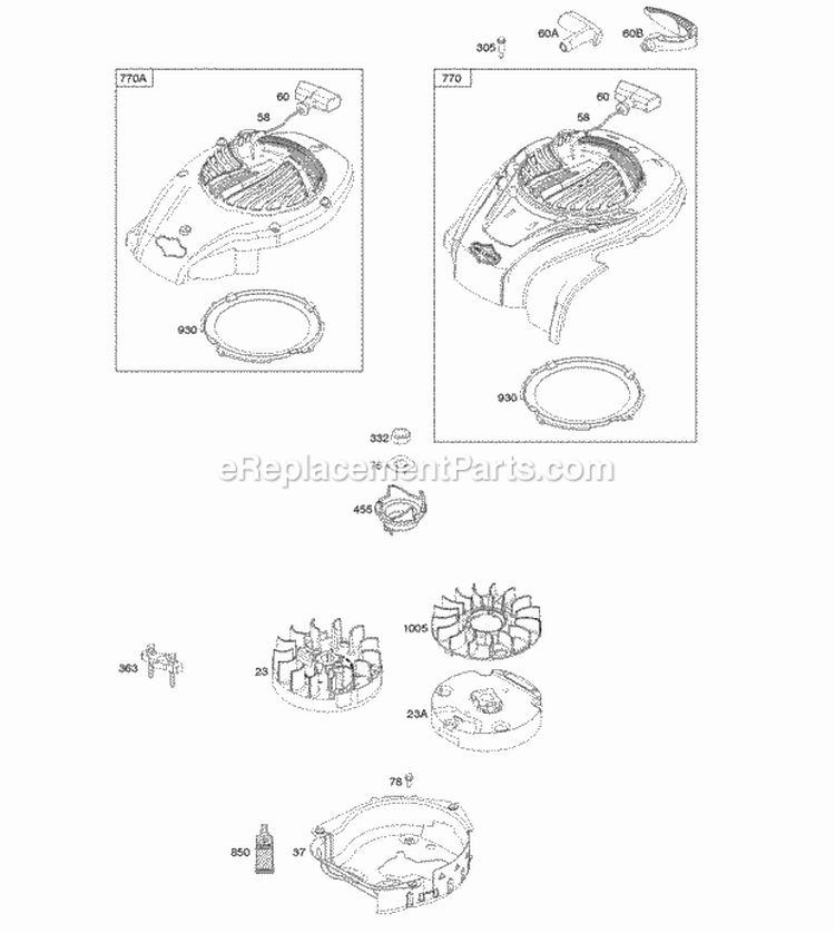 Blower Housing Flywheel Rewind Starter Diagram and Parts List for  Briggs and Stratton Engine